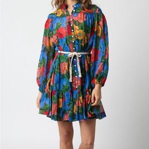 Olivaceous blue floral button down tie waist dress